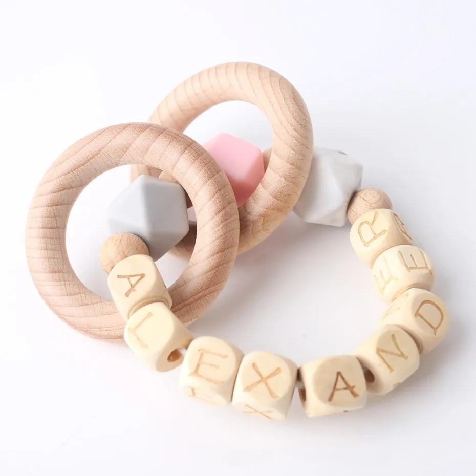 UniBeaded Bracelet Customize Name Baby Personalized Jewelry Silicone Hex Beads Baby Teether Wooden Bracelet